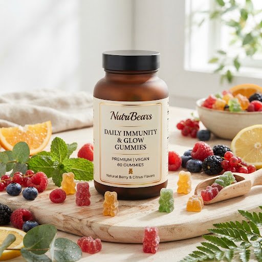 NutriBears Daily Immunity and Glow Vitamin Gummies bottle surrounded by fresh berries and pectin gummies